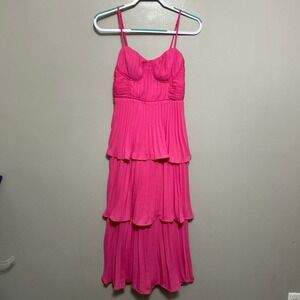 Lulus Maxi Dress S Hot Pink Tiered Pleated Romantic Wedding Fun Sundress Boho